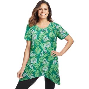 Woman Within Plus Size Textured Pointed Hem Tunic(Tropical Palm Leaf)