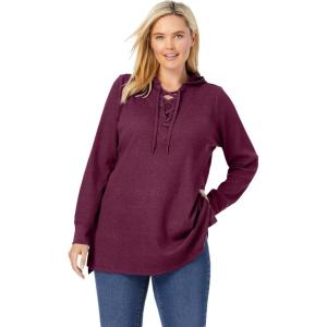 Woman Within Plus Size Waffle-Thermal Lace-Up Hoodie(Deep Claret)