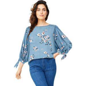 ellos Plus Size 3/4 Tie-Sleeve Blouse(Blue Lake Floral)
