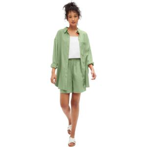 ellos Plus Size Oversized Linen-Blend Boyfriend Shirt(Sage Mist)