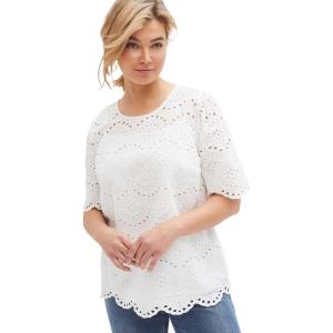 ellos Plus Size Scalloped Hem Eyelet Blouse(White)