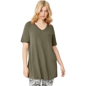 ellos Plus Size Stretch Knit V-Neck Short Sleeve Chest Pocket Tunic(Burnt Olive)