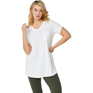 ellos Plus Size Stretch Knit V-Neck Short Sleeve Chest Pocket Tunic(White)