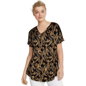 ellos Plus Size Stretch Knit V-Neck Short Sleeve Inverted Pleat Tunic(Black Camel Leaf)