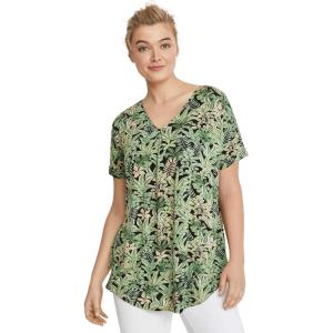 ellos Plus Size Stretch Knit V-Neck Short Sleeve Inverted Pleat Tunic(Green Multi Fern)