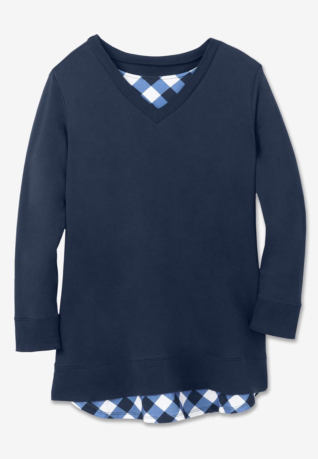 imageWoman Within Plus Size Layered Look SweatshirtPlum Purple Plaid