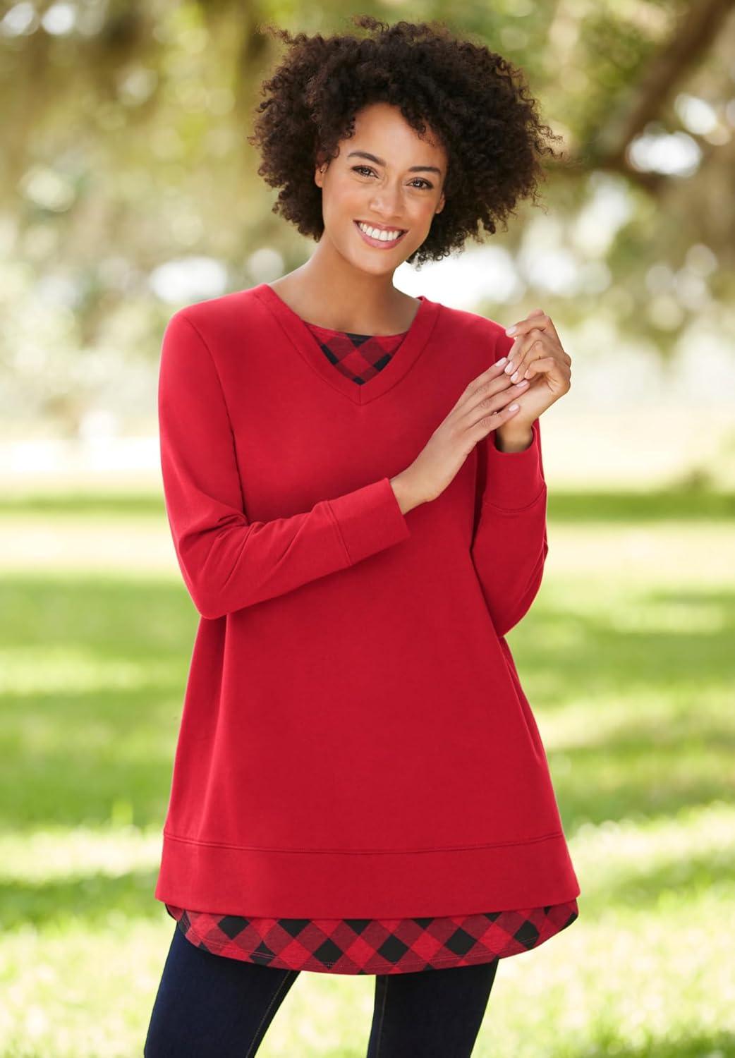 imageWoman Within Plus Size Layered Look SweatshirtPlum Purple Plaid