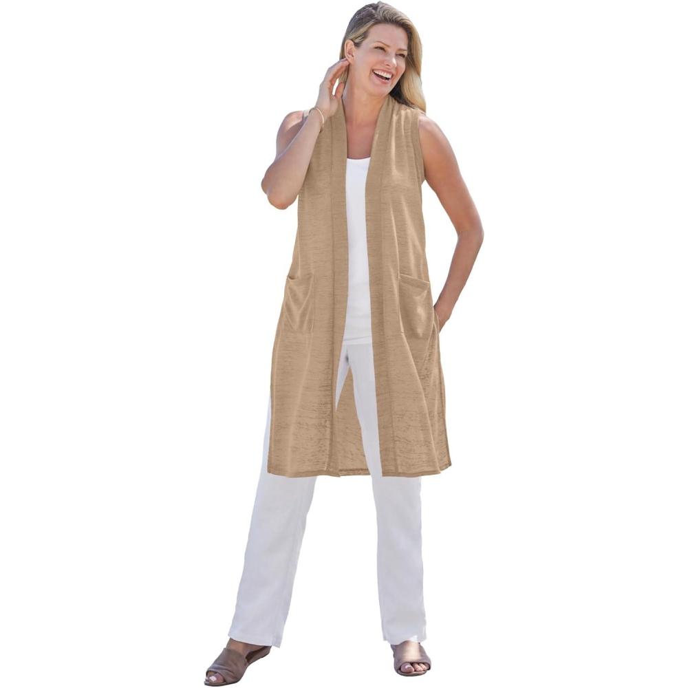imageWoman Within Plus Size Lightweight Linen Vest SweaterNew Khaki