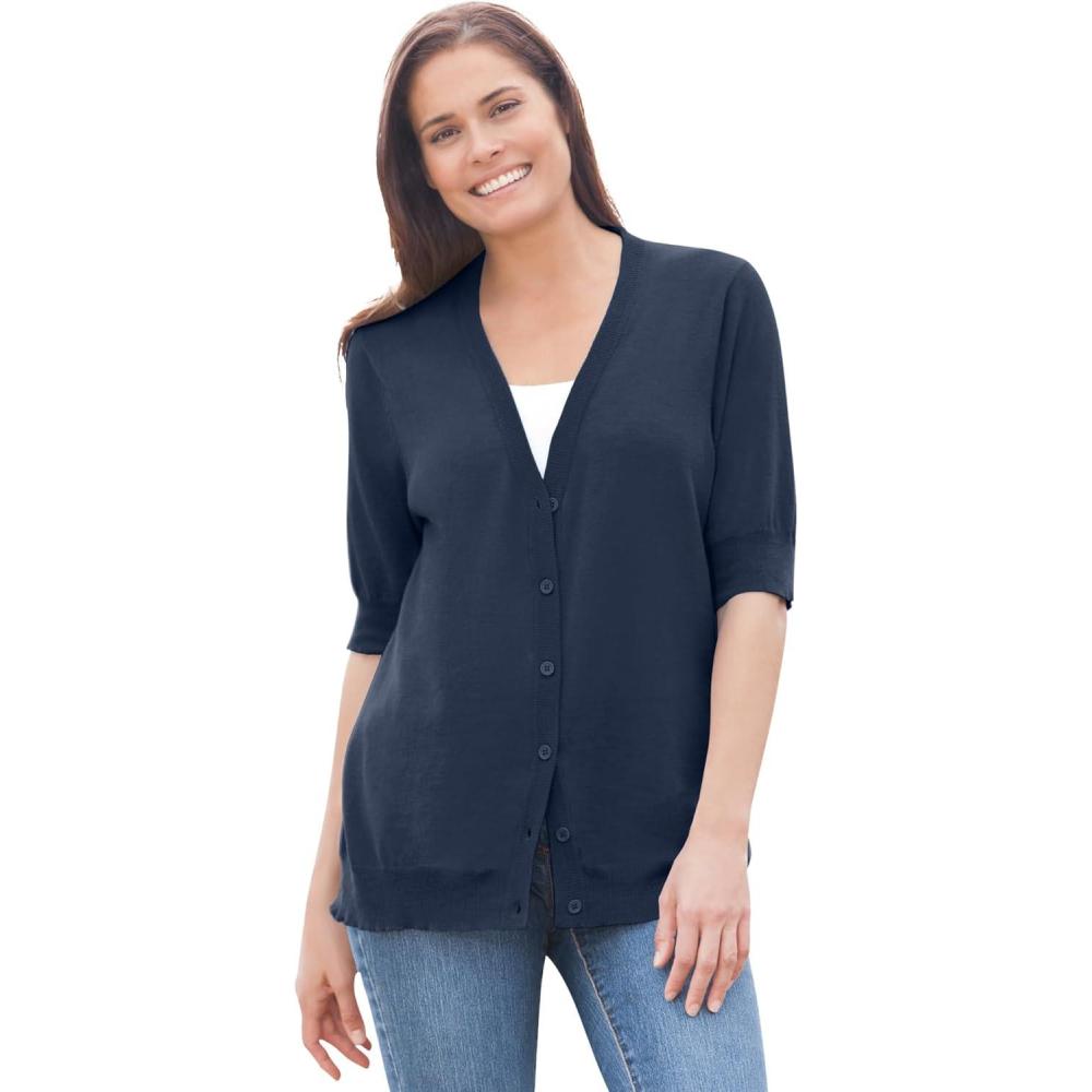 imageWoman Within Plus Size Lightweight Short Sleeve VNeck Cardigan SweaterNavy