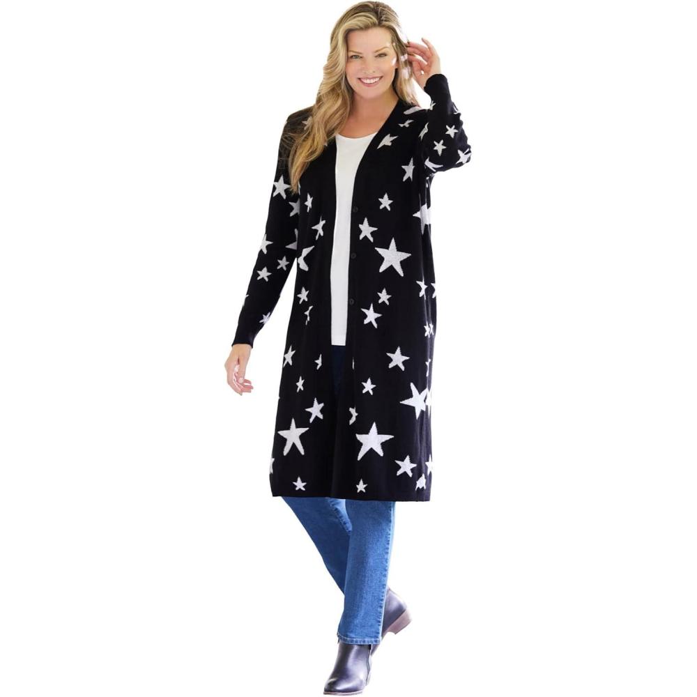 imageWoman Within Plus Size Perfect Cotton Duster SweaterBlack Scattered Stars