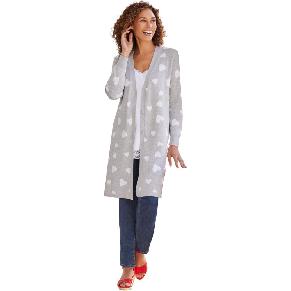 imageWoman Within Plus Size Perfect Cotton Duster SweaterHeather Grey Scattered Hearts