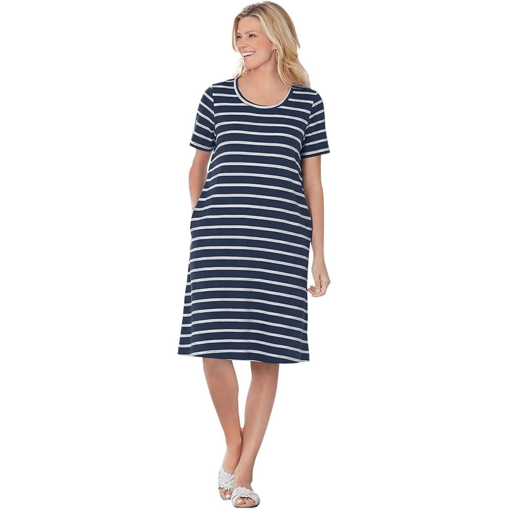 imageWoman Within Plus Size Perfect ShortSleeve Crewneck Tee DressNavy Stripe