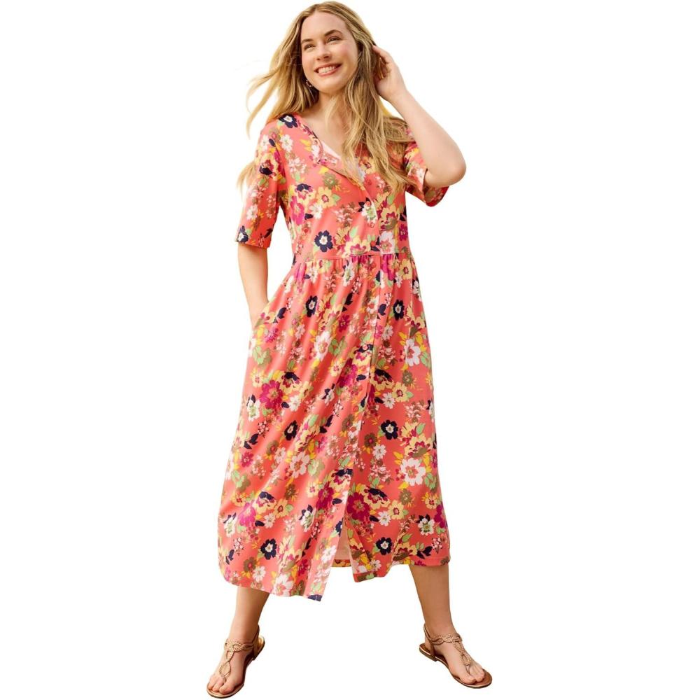 imageWoman Within Plus Size ShortSleeve ButtonFront Pocket Dress Petite Available 2X Sweet Coral Multi Garden