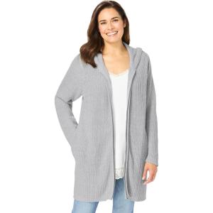 Woman Within Plus Size Hoodie Shaker Cardigan Sweater(Heather Grey)