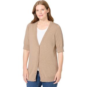 Woman Within Plus Size Lightweight Short Sleeve V-Neck Cardigan Sweater(New Khaki)