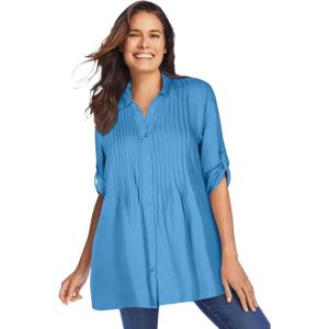 Woman Within Plus Size Rayon Pintucked Effortless Tunic Blouse(Azure Blue)