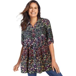 Woman Within Plus Size Rayon Pintucked Effortless Tunic Blouse(Navy Garden Print)