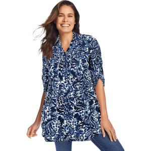 Woman Within Plus Size Rayon Pintucked Effortless Tunic Blouse(White Blue Batik)