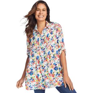 Woman Within Plus Size Rayon Pintucked Effortless Tunic Blouse(White Watercolor Blossom)