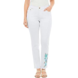 Woman Within Plus Size Straight-Leg Stretch Denim Five-Pocket Jeans(White Pastel Floral Embroidery)