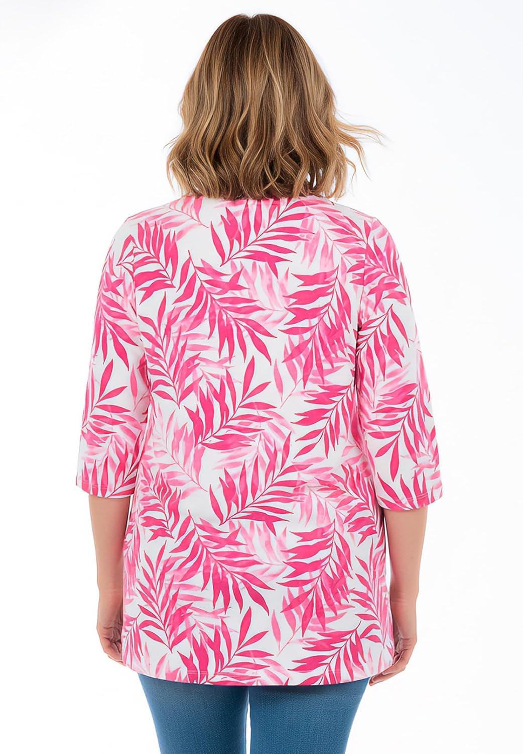 imageWoman Within Plus Size Perfect Printed ThreeQuarterSleeve Scoopneck TunicRaspberry Palm Leaves
