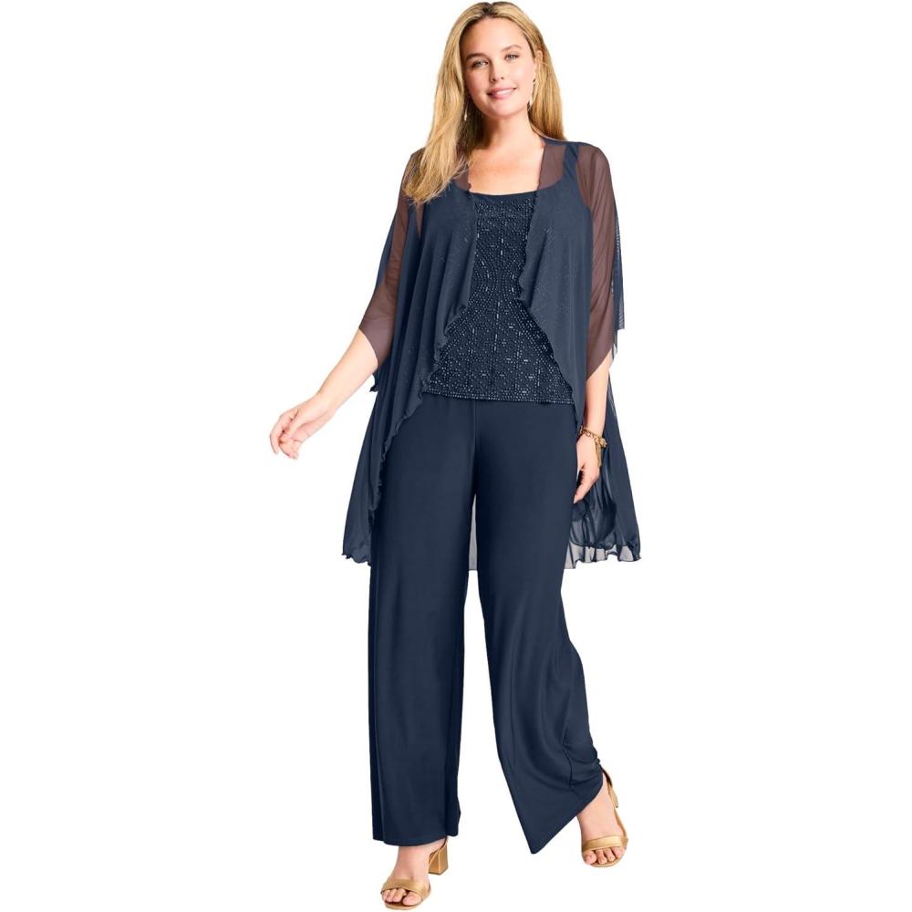 imageWoman Within Plus Size 3Piece Pant Set With Beaded TankNavy