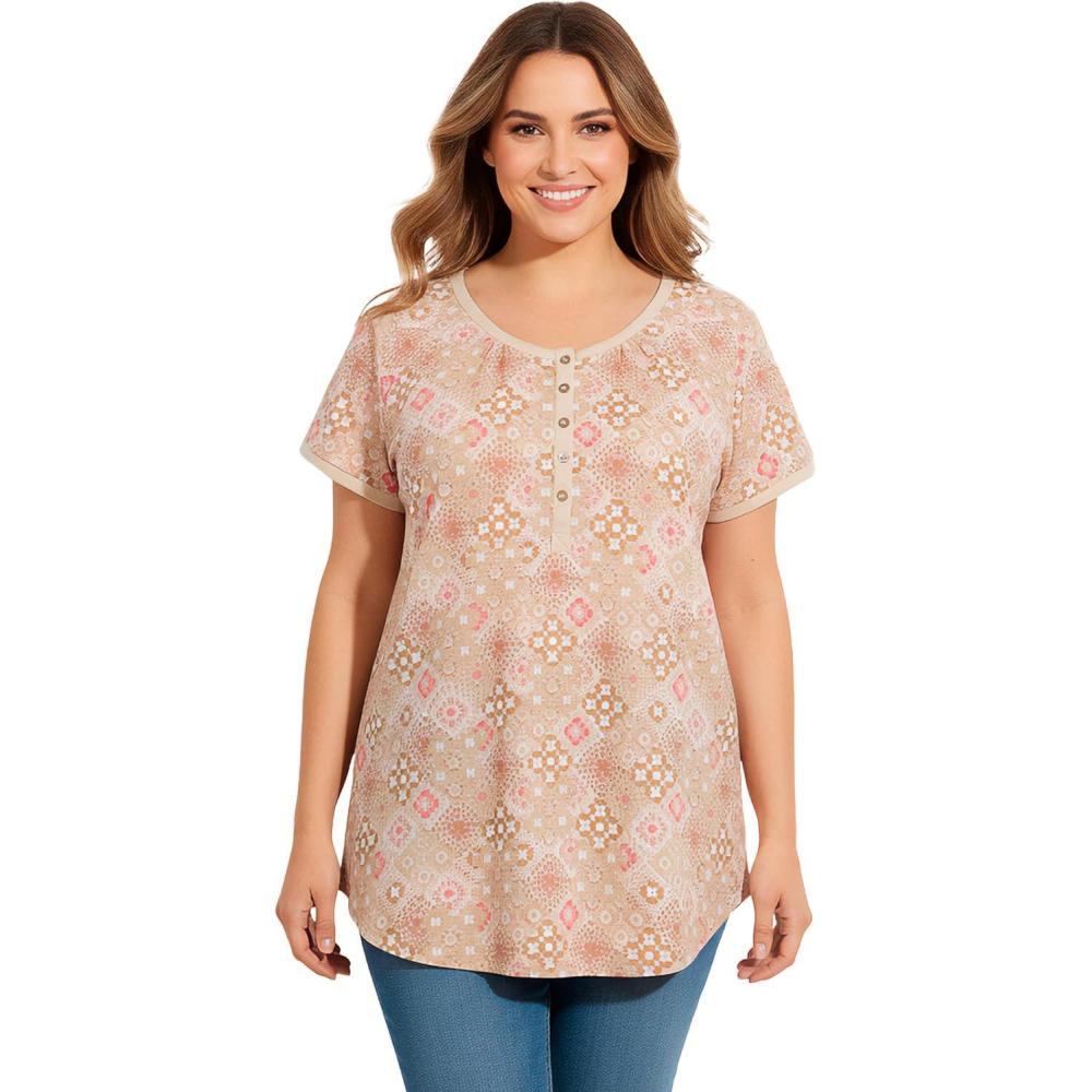 imageWoman Within Plus Size Knit Henley TunicNew Khaki Tile Patchwork