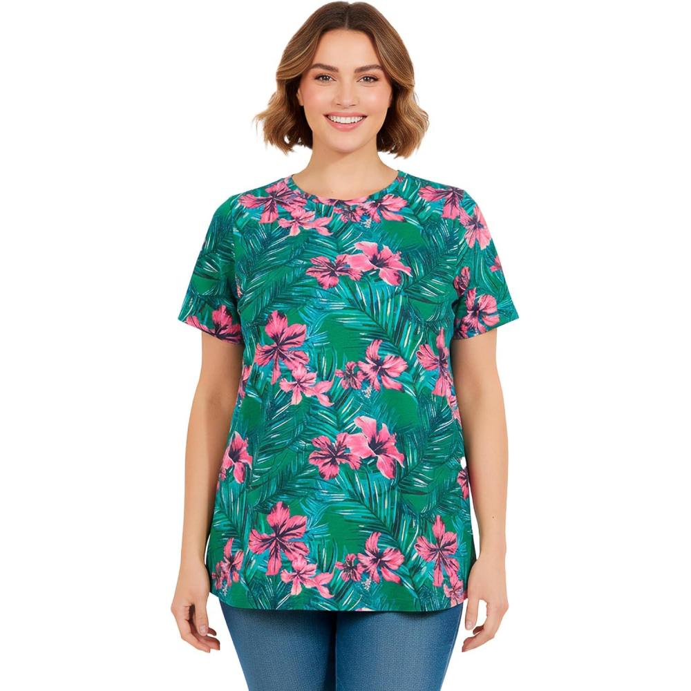 imageWoman Within Plus Size Perfect Printed ShortSleeve Crewneck TeeEmerald Tropical Bloom