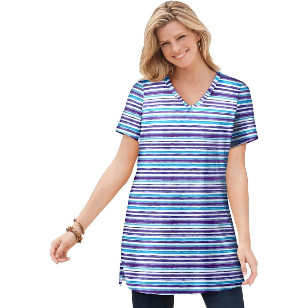 imageWoman Within Plus Size Perfect Printed ShortSleeve Shirred VNeck TunicPurple Orchid Painterly Stripe