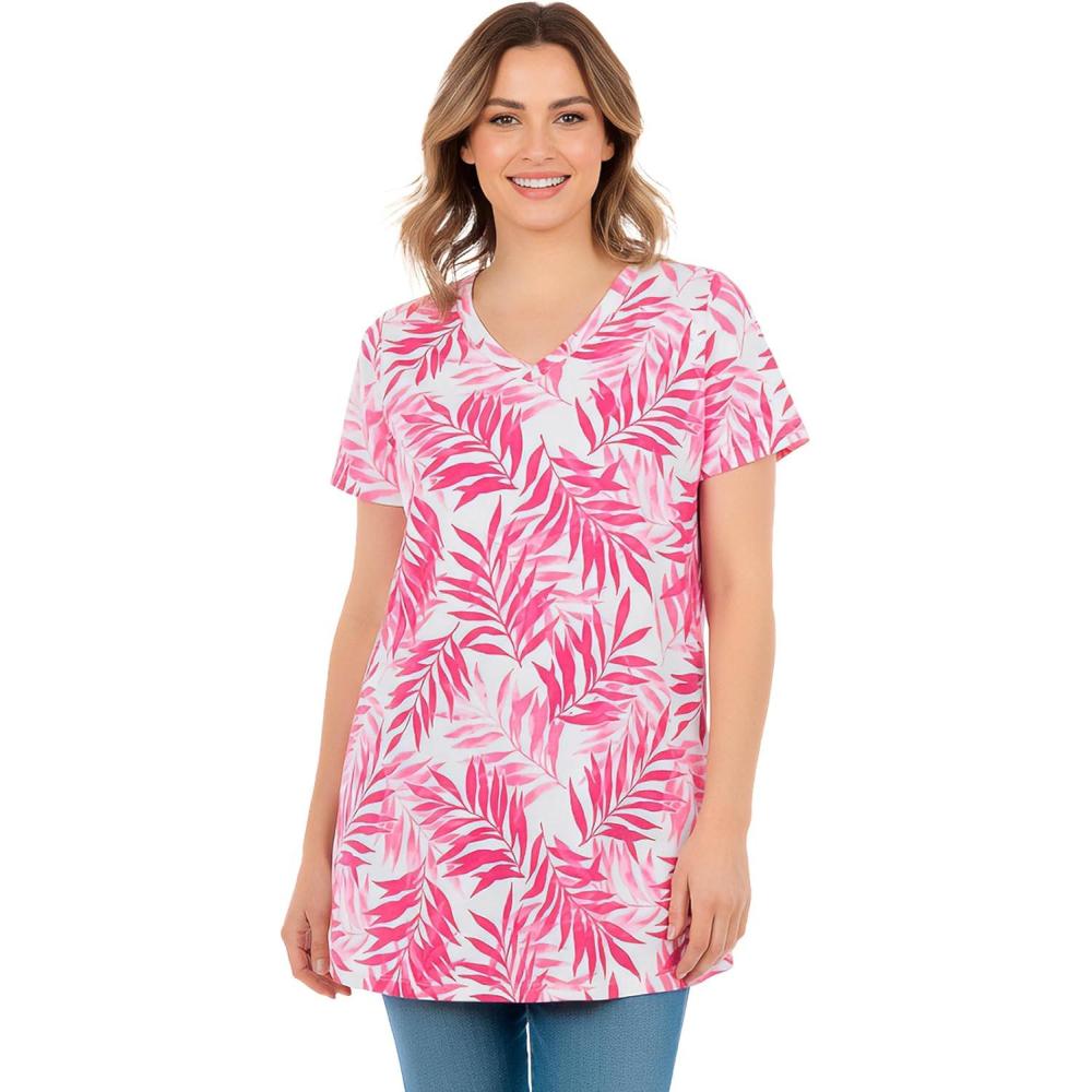 imageWoman Within Plus Size Perfect Printed ShortSleeve Shirred VNeck TunicRaspberry Palm Leaves