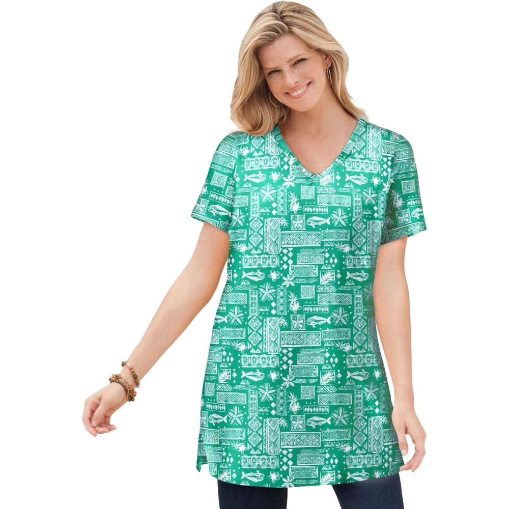 imageWoman Within Plus Size Perfect Printed ShortSleeve Shirred VNeck TunicTropical Green Island Stamp