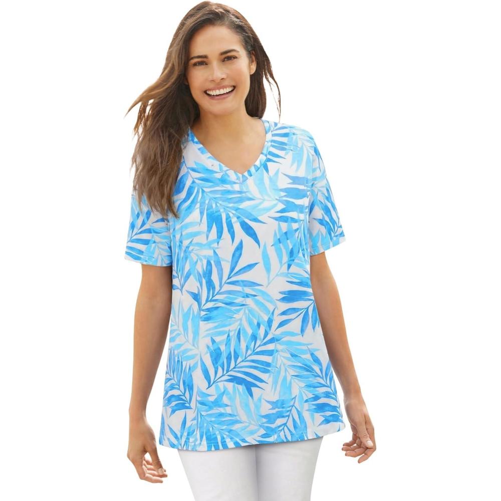 imageWoman Within Plus Size Perfect Printed ShortSleeve VNeck TeeBlue Breezy Palms
