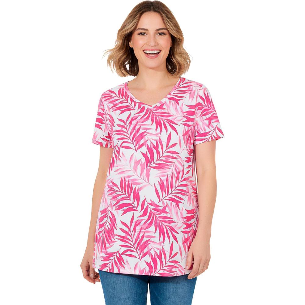 imageWoman Within Plus Size Perfect Printed ShortSleeve VNeck TunicRaspberry Palm Leaves