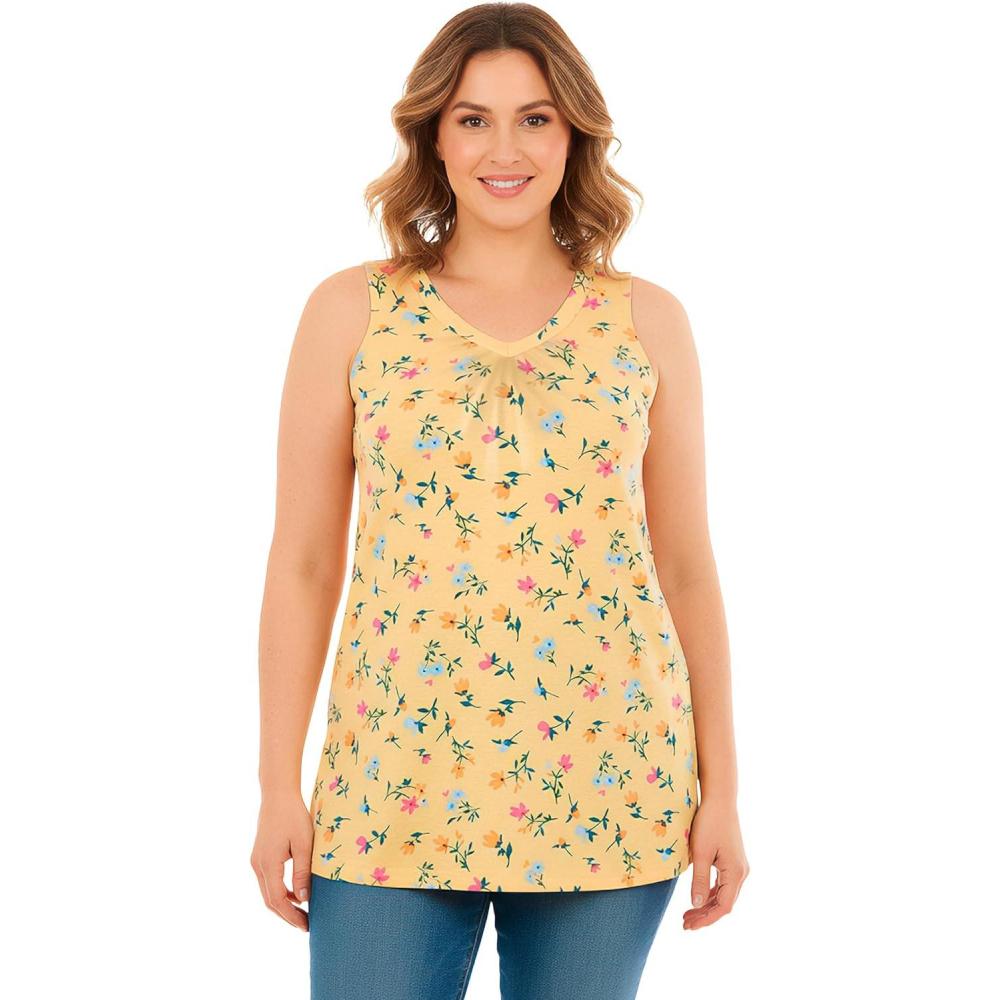 imageWoman Within Plus Size Perfect Printed Sleeveless Shirred VNeck TunicBanana Tulip Flowers