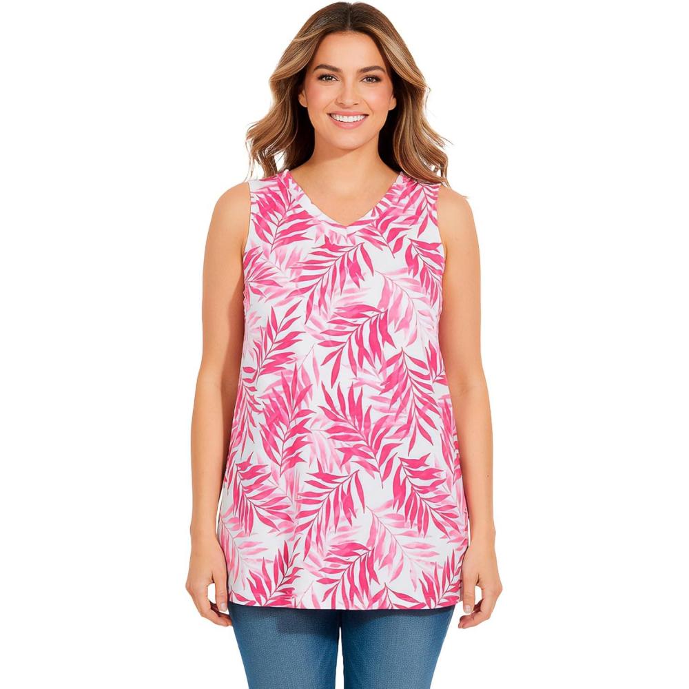 imageWoman Within Plus Size Perfect Printed Sleeveless Shirred VNeck TunicRaspberry Palm Leaves