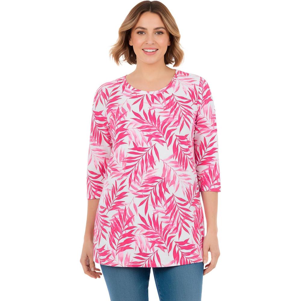 imageWoman Within Plus Size Perfect Printed ThreeQuarterSleeve Scoopneck TunicRaspberry Palm Leaves