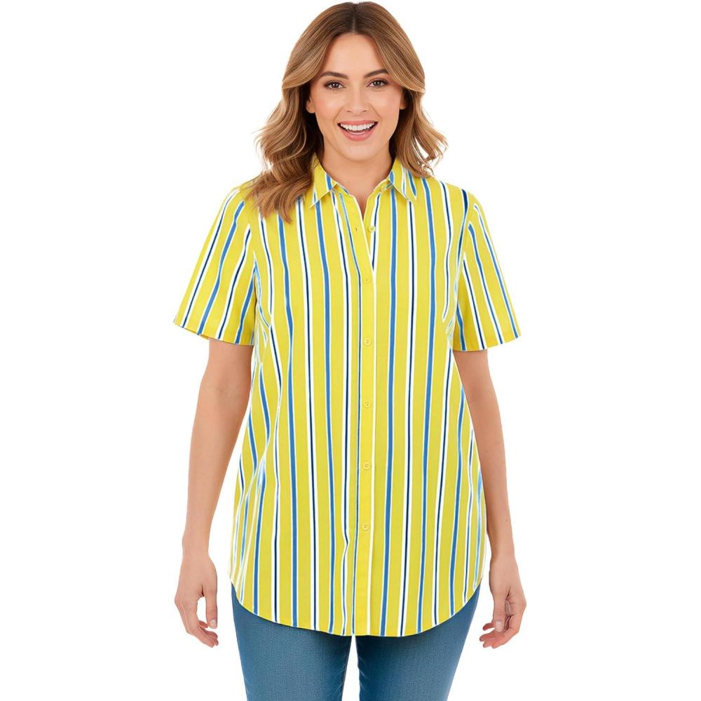 imageWoman Within Plus Size Perfect Short Sleeve ButtonDown Shirt Oversized Tunic BlousePrimrose Yellow Sunny Stripe