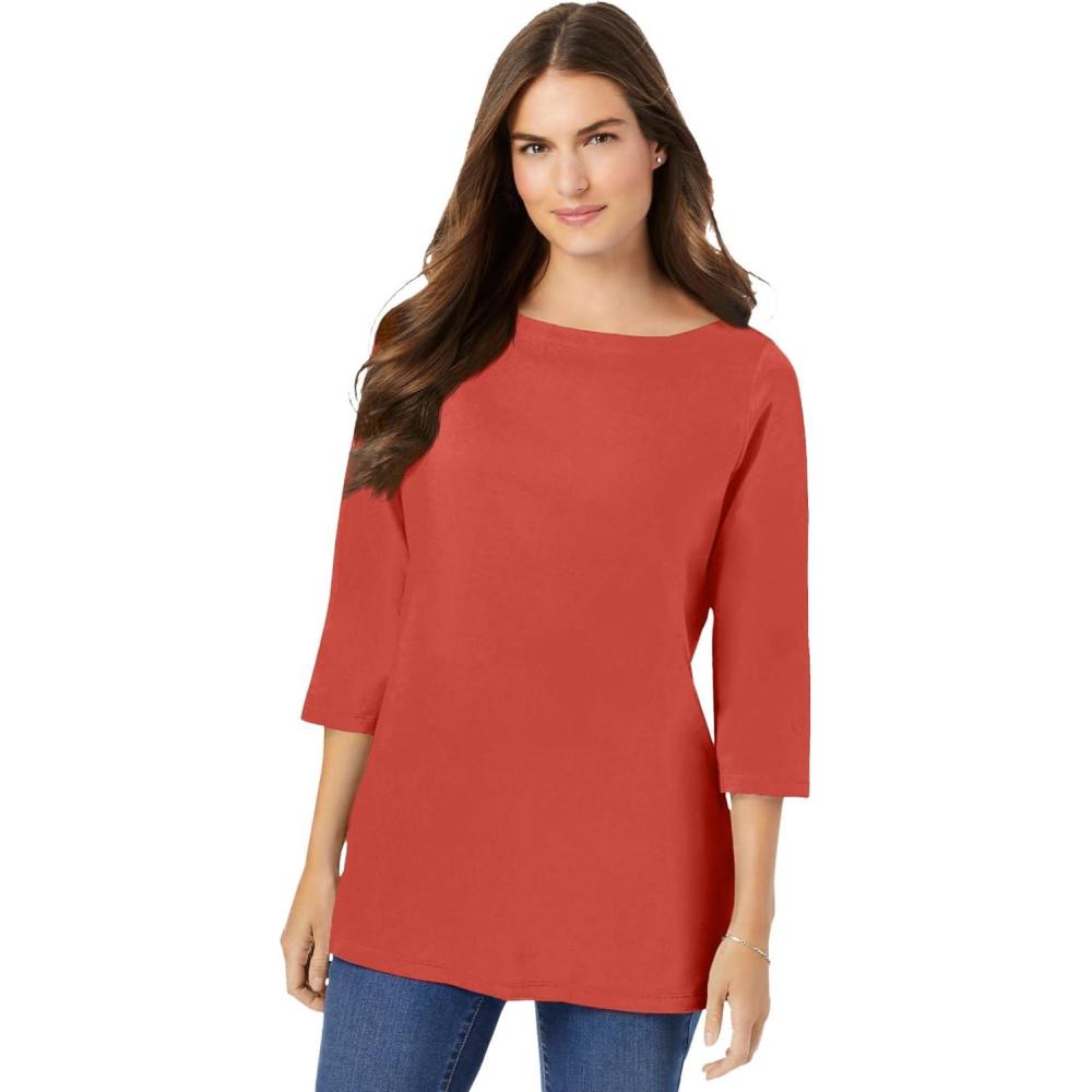 imageWoman Within Plus Size Perfect ThreeQuarter Sleeve Boatneck TeeBurnt Red