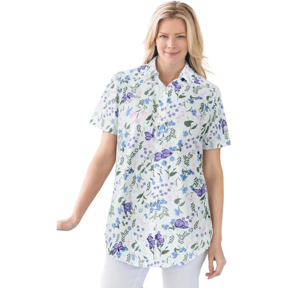 imageWoman Within Plus Size Petite Perfect Short Sleeve ShirtWhite Butterflies