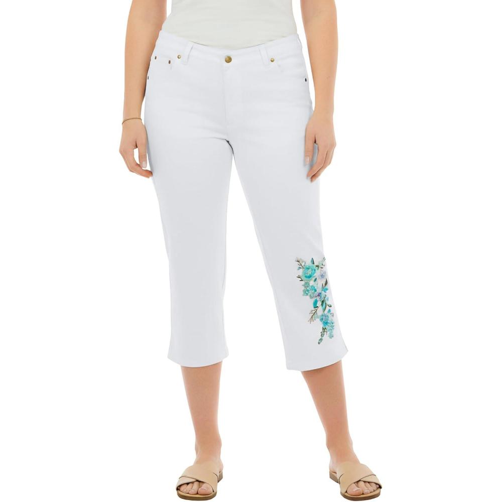 imageWoman Within Plus Size Petite Stretch Denim FivePocket Capri JeansWhite Pastel Floral Embroidery