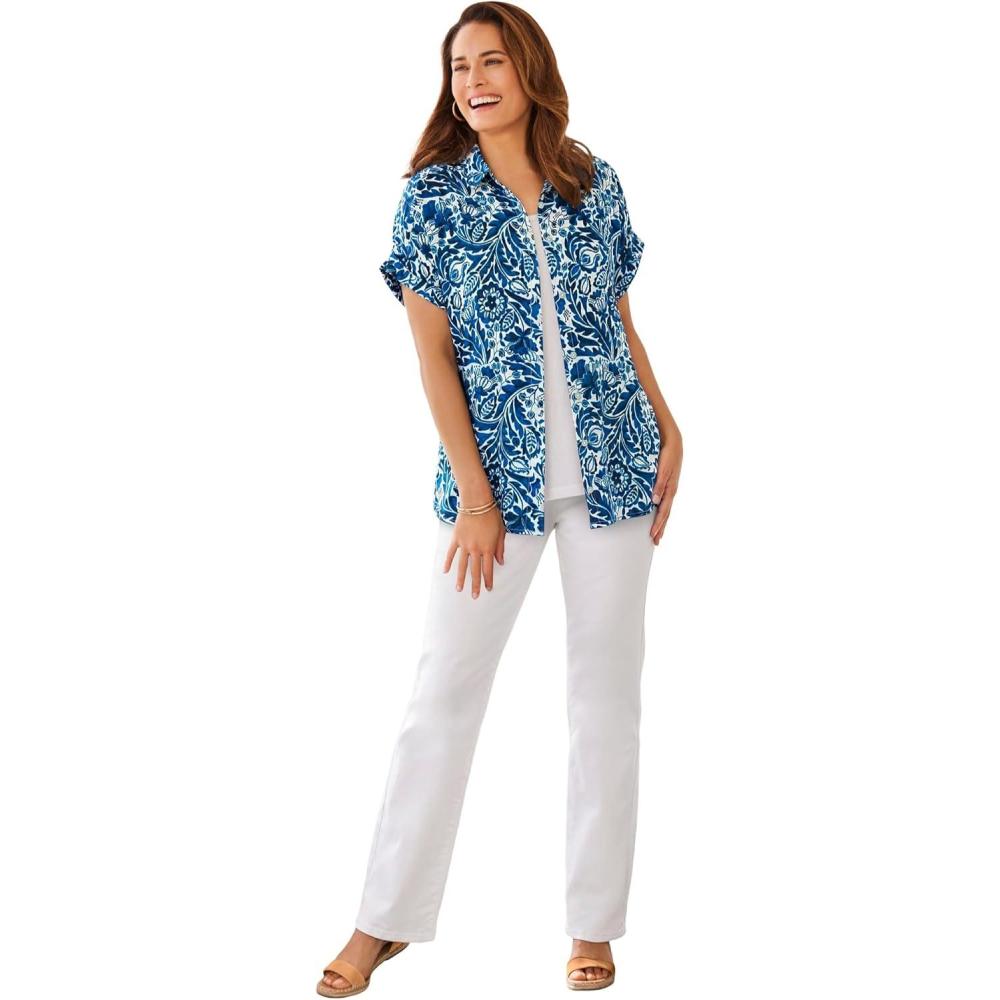 imageWoman Within Plus Size Relaxed CampshirtWhite Blue Batik