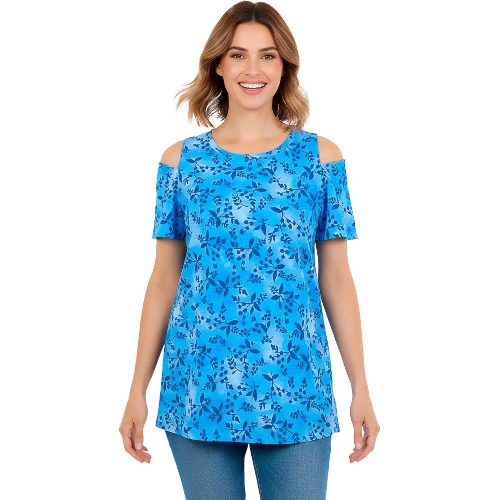 imageWoman Within Plus Size ShortSleeve ColdShoulder TeeAzure Twilight Garden