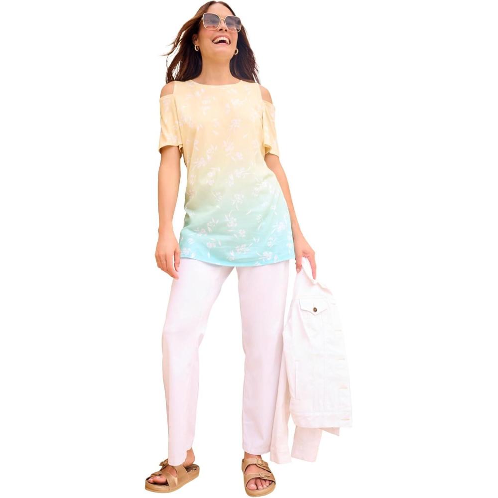 imageWoman Within Plus Size ShortSleeve ColdShoulder TeeBanana Petal Ombre