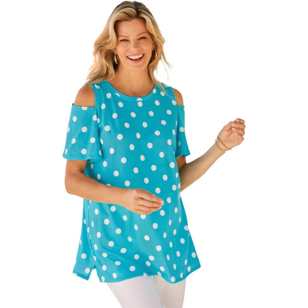 imageWoman Within Plus Size ShortSleeve ColdShoulder TeePretty Turquoise Dot