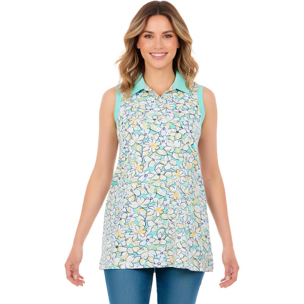 imageWoman Within Plus Size Sleeveless Polo TunicSeafoam Petal Bloom