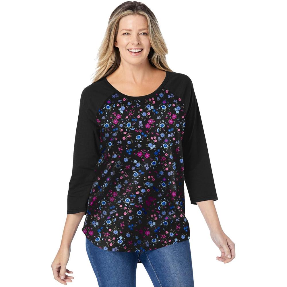 imageWoman Within Plus Size ThreeQuarter Sleeve Baseball TeeBlack Raspberry Graphic Bloom