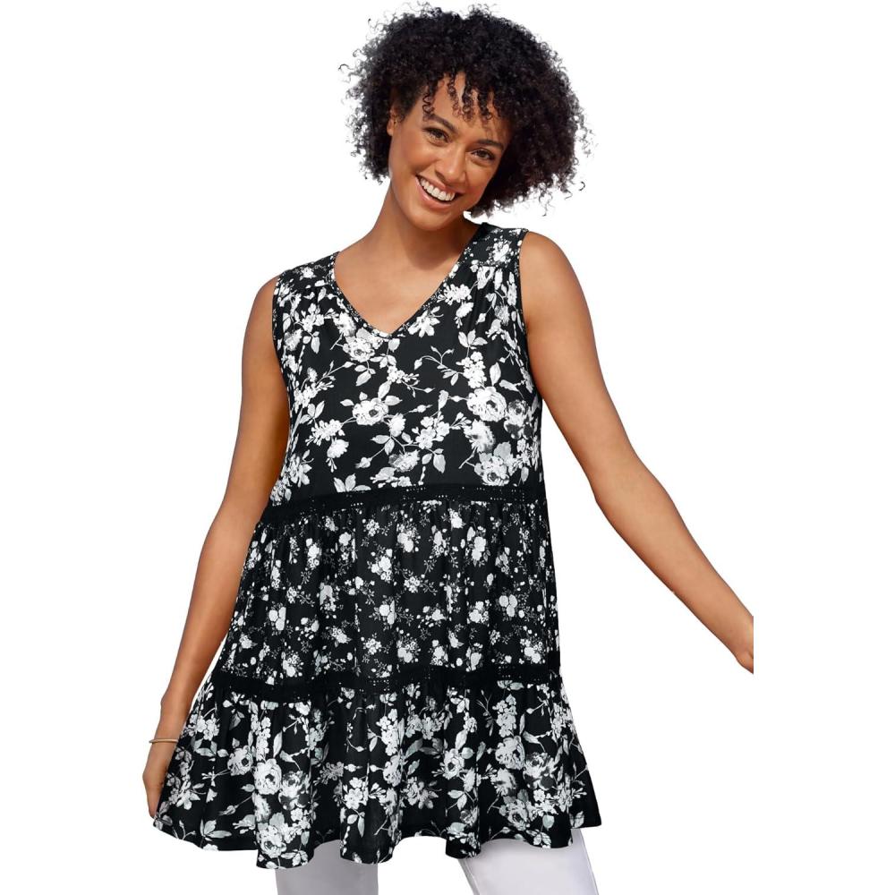 imageWoman Within Plus Size Tiered TankBlack Rose Floral