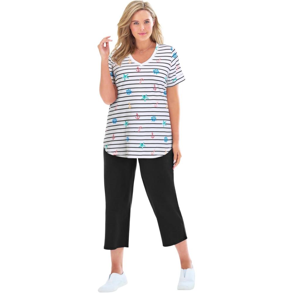 imageWoman Within Plus Size TwoPiece VNeck Tunic amp Capri SetBlack Nautical