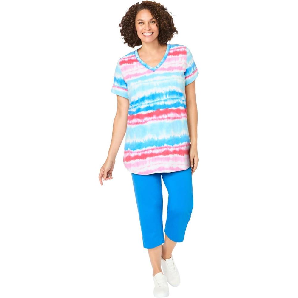 imageWoman Within Plus Size TwoPiece VNeck Tunic amp Capri SetParadise Blue Multi Tiedye Stripe