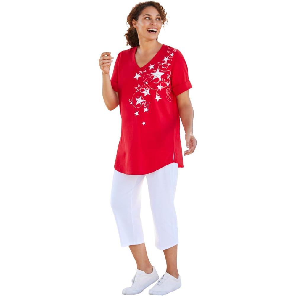 imageWoman Within Plus Size TwoPiece VNeck Tunic amp Capri SetVivid Red Stars
